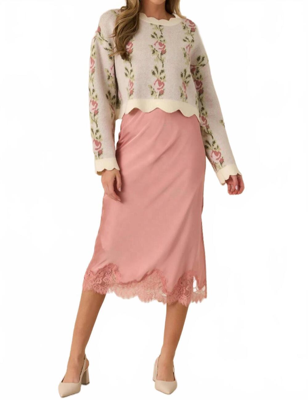 NEW MABEL jackie jacquard knit scallop edge sweater in pink